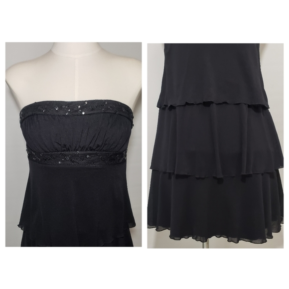 Black Strapless Dress Sequin Trim Layered Skirt - Picture 2 of 9